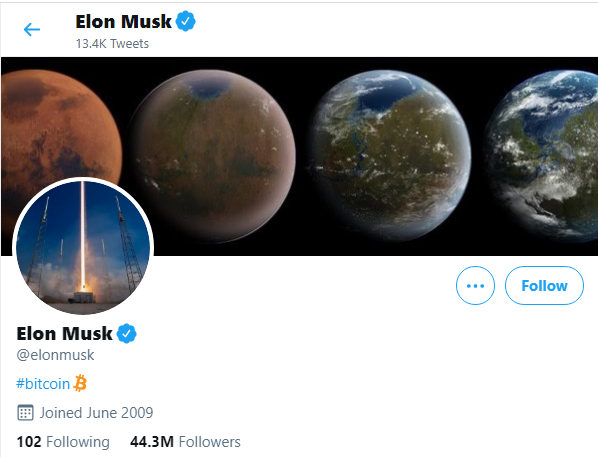 مشخصات کاربری صفحه رسمی ایلان ماسک در توییتر