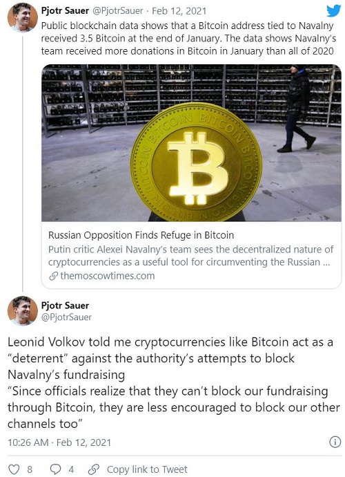 مخالف بزرگ پوتین در روسیه ۳۲ میلیون دلار بیت کوین کمک مالی دریافت کرده است