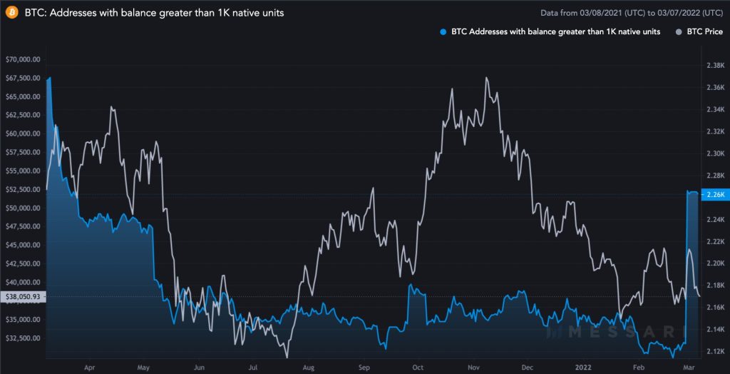 آدرس‌های بیت کوین با موجودی حداقل ۱٬۰۰۰ واحد