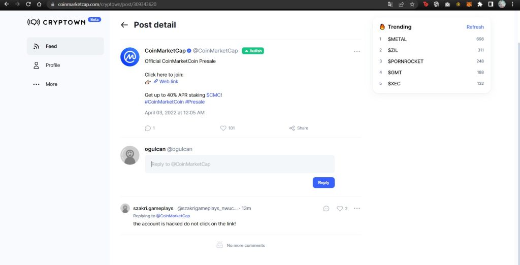 اسکرین‌شات منتشرشده یک کاربر از پست کوین مارکت کپ