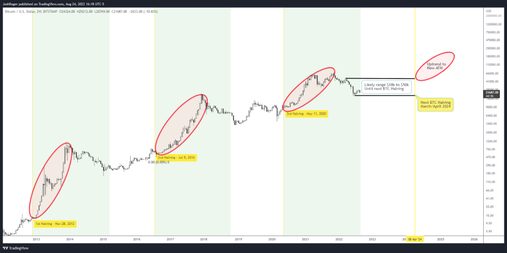 چرخه‌های هاوینگ بیت کوین بر روی نمودار ۲ هفته‌ای قیمت BTC/USD