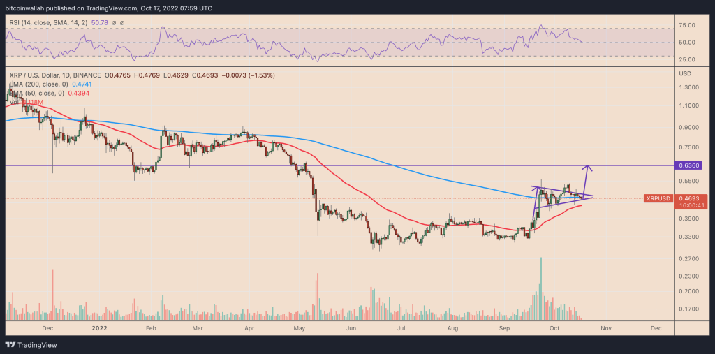الگوی پرچم سه‌گوش صعودی بر روی نمودار روزانه قیمت رپیل