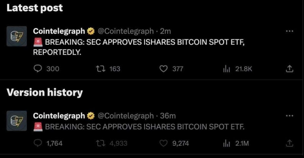 بیانیه کوین تلگراف درباره انتشار خبر نادرست ETF بیت کوین در روز گذشته بیانیه کوین تلگراف درباره انتشار خبر نادرست ETF بیت کوین در روز گذشته